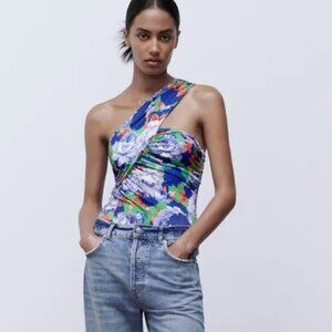 Zara Blue Floral One Shoulder Body Suit Top Womens Sz Small NWT